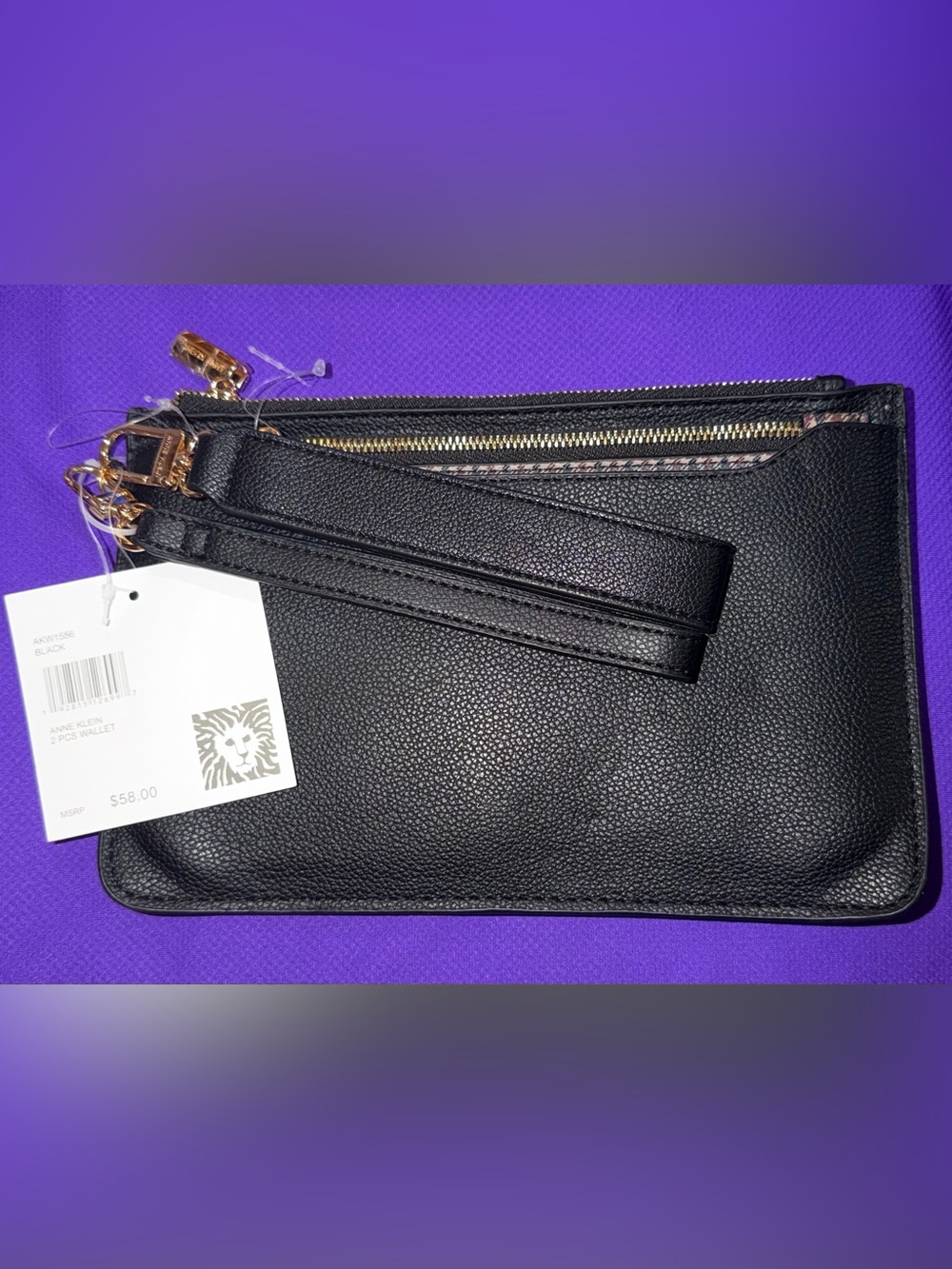 Anne Klein Black Pebbled Wristlet Clutch with Gold Hardware